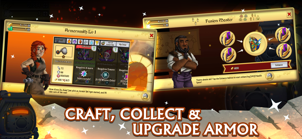 Interfaz que muestra los menús de Herrero y Maestro de Fusión para crear y mejorar armaduras en Knights and Dragons RPG