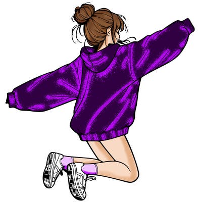 realistic girl jumping with a bun and oversized sweatshirt