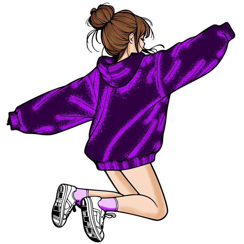realistic girl jumping with a bun and oversized sweatshirt