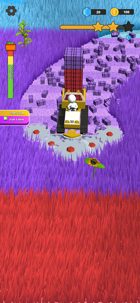 Stone Grass: Lawn Mower Game - Satisfying gameplay of a mower cutting vibrant purple grass in Stone Grass