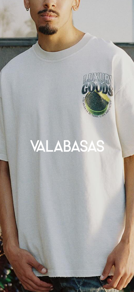 Valabasas - A young man wearing a Valabasas graphic t-shirt in an urban environment.