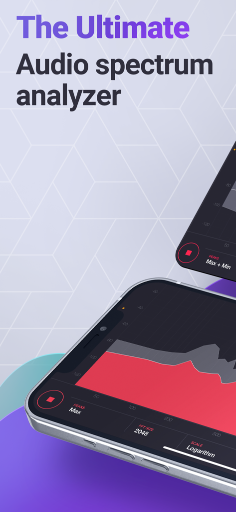 Tela do iPhone exibindo um analisador de espectro de áudio em tempo real com picos de frequência e escala logarítmica