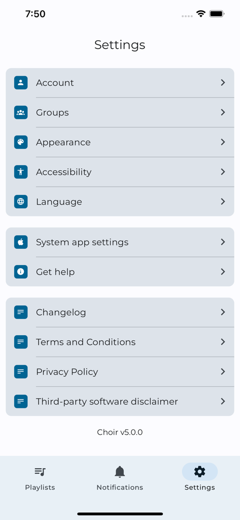 Settings screen of the Choir practice app showing account groups and display options
