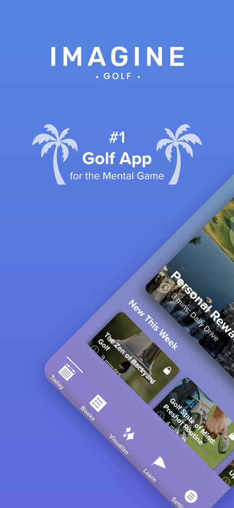Imagine Golf app interface showing mental performance audio lessons