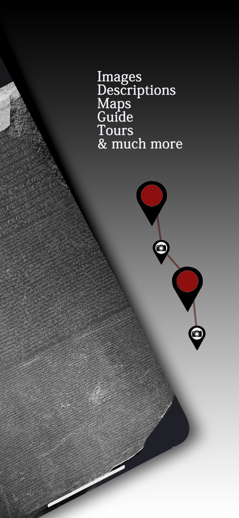 Captura de pantalla de la aplicación Guía del Museo Británico que muestra imágenes detalladas de artefactos y marcadores interactivos del mapa del tour.