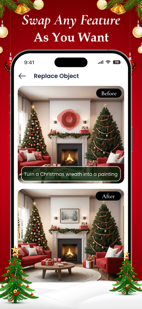 AI Design - Home Interior - A before and after comparison showing the AI design app replacing a Christmas wreath with a framed painting in a decorated living room.