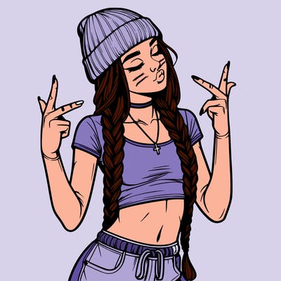 realistic teenage girl with braids and a beanie and crop top doing 🫶🏼