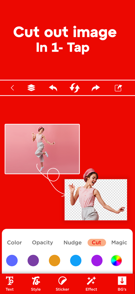 Interface of a mobile app showing a one tap image cutout feature for creating YouTube thumbnails.