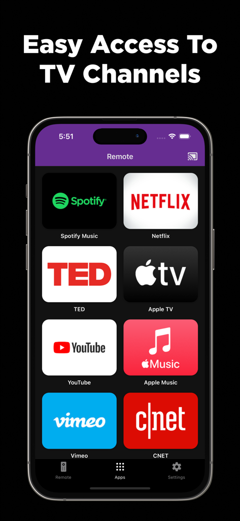 Pantalla de iPhone mostrando una cuadrícula de aplicaciones de streaming como Netflix y YouTube dentro de la interfaz de la aplicación Control Remoto TV Universal