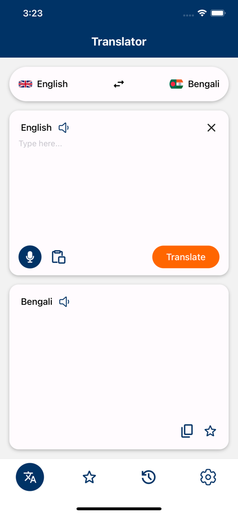 Interface de l'application Traducteur Bengali Anglais montrant les champs de traduction de l'anglais vers le bengali avec options de saisie vocale et favoris