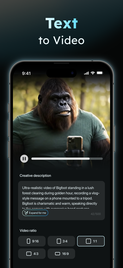 AIReel：AI Video Generator - AIReel app interface showing the Text to Video feature with an AI-generated Bigfoot character recording a vlog.