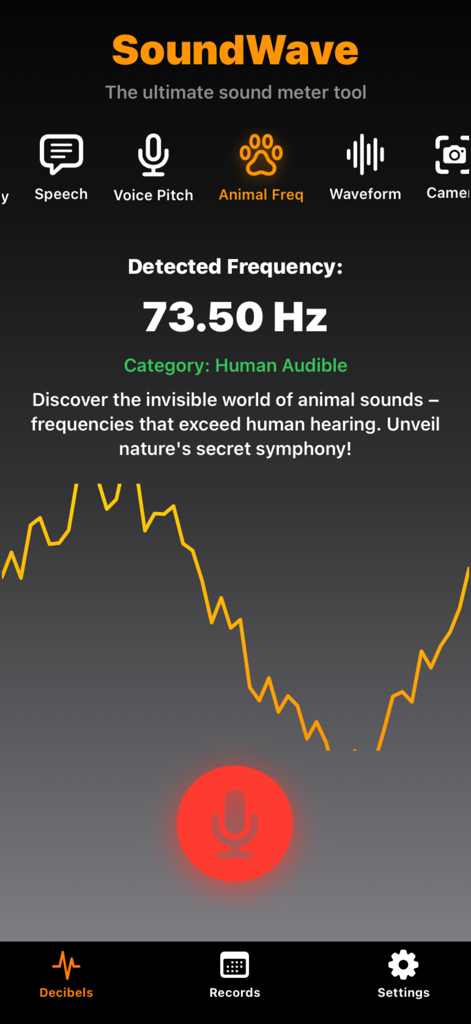 SoundWavesDetector - SoundWavesDetector interface showing real-time animal frequency detection and waveform graph