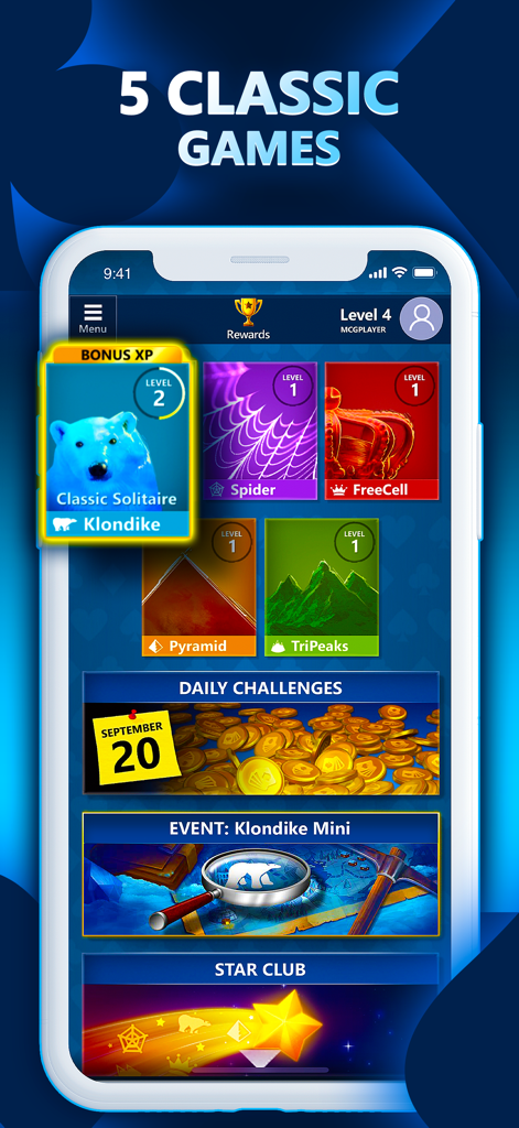 Microsoft Solitaire Collection - Menú principal de la aplicación Microsoft Solitaire Collection que muestra cinco juegos de cartas clásicos, incluidos Klondike y Spider Solitaire.