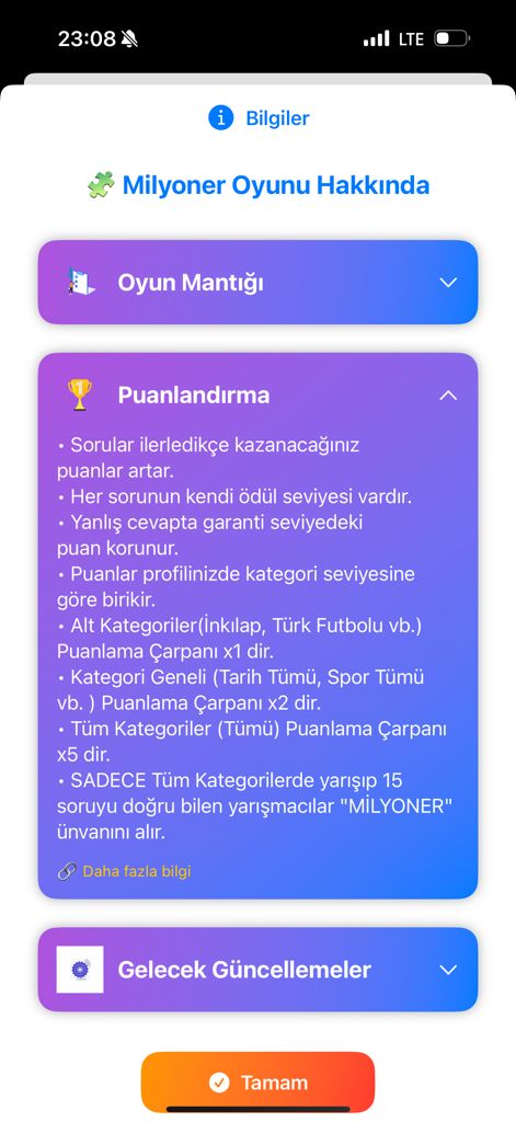 Milyoner App - Information screen of the Milyoner trivia app showing game logic and scoring details in a modern purple interface.