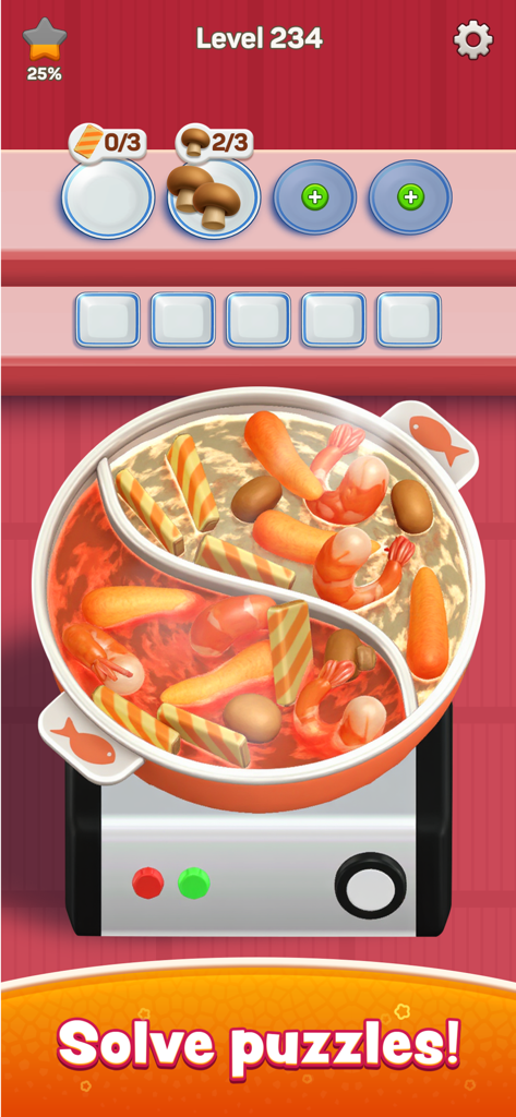A 3D hot pot puzzle game where players sort ingredients like shrimp and mushrooms into matching plates