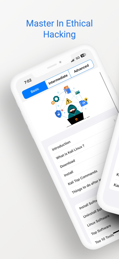 Learn Kali Linux - Interfaz de la aplicación móvil Aprende Kali Linux mostrando la lista de tutoriales de nivel básico y el currículo de hacking ética en una pantalla de iPhone