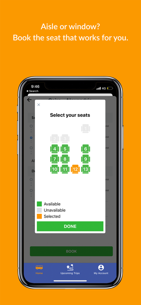 Pantalla de la aplicación GoMini que muestra una distribución de asientos de la camioneta para que los pasajeros seleccionen y reserven su asiento preferido
