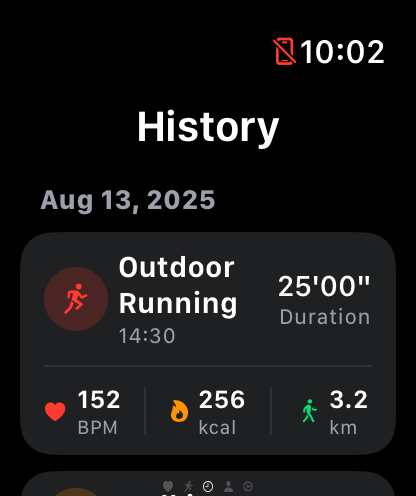 watchHR - ランニング時間と心拍数統計を表示するwatchHRアプリのワークアウト履歴画面