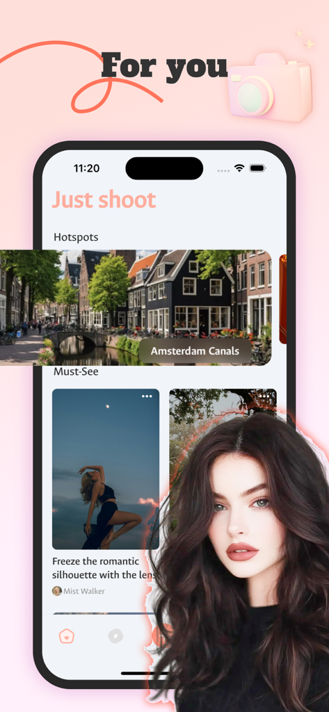 Camii - Camii app For You feed displaying travel photography and portrait tutorial inspiration