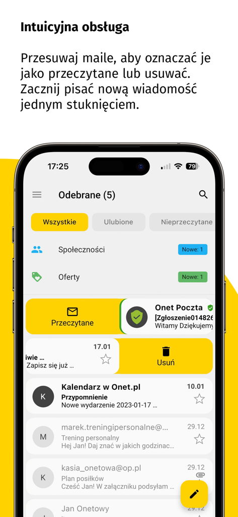 Onet Poczta - Onet Poczta mobile app interface demonstrating intuitive swipe gestures to mark emails as read or delete them