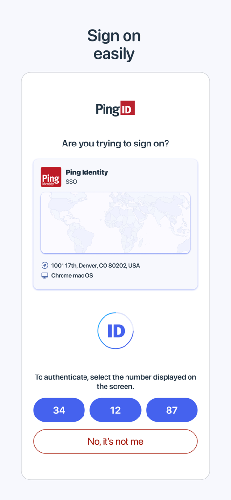 PingID mobile app screen for secure sign on verification featuring location details and number selection buttons
