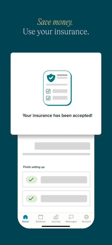 SonderMind app interface showing a notification that insurance has been accepted to save money on mental health care