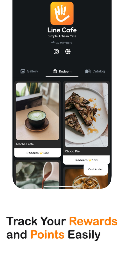 Mobile interface of Hi Perks app showing options to redeem points for cafe rewards like matcha latte and chocolate pie.