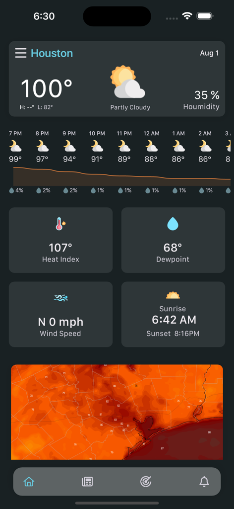 Dashboard dell'app Space City Weather che mostra la temperatura attuale di Houston, l'indice di calore e le previsioni orarie