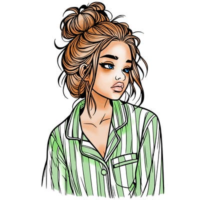 realistic woman with pajamas on and a messy bun