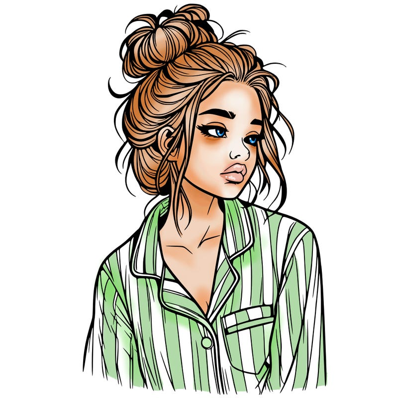 realistic woman with pajamas on and a messy bun