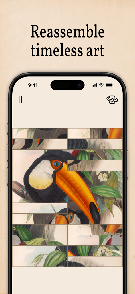 Art of Fauna: Cozy Puzzles - A sliding puzzle of a vintage toucan illustration on a mobile phone screen.