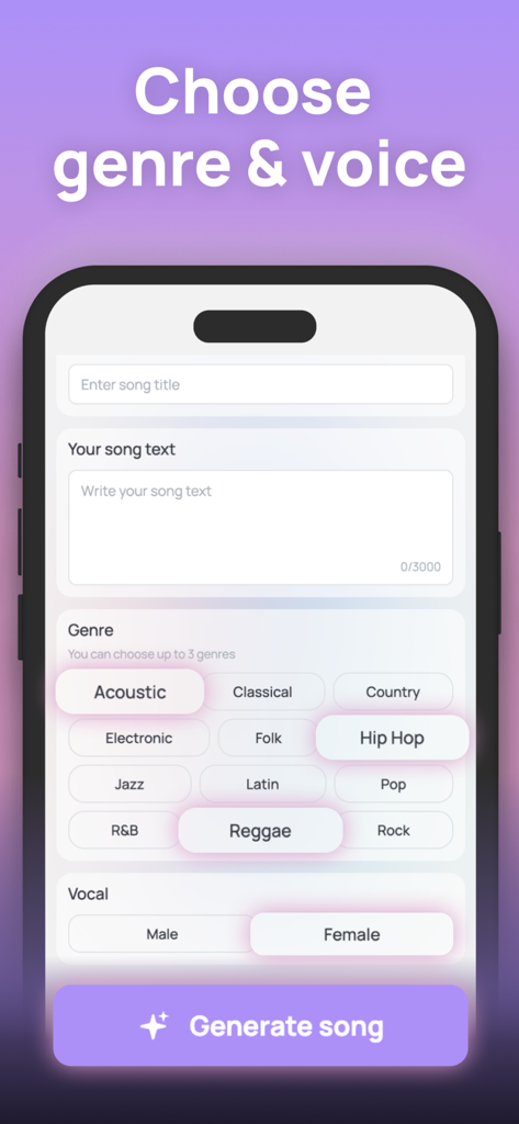 SingMyWish - AI Songs & Poems - Pantalla de la aplicación móvil que muestra opciones para elegir el género musical y el tipo de voz para generar una canción IA.