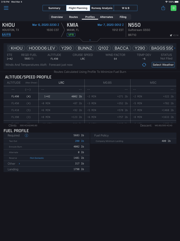 Flight planning interface showing altitude and fuel profiles for a corporate jet in iPreFlight Genesis.
