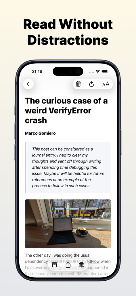 ReaderFlow | Read Later - A clean and minimalist article reading interface on an iPhone screen