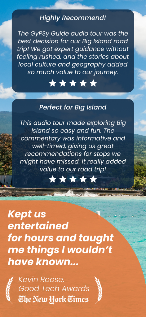 Big Island Hawaii Gypsy Guide - Recensioni positive degli utenti e endorsement del New York Times per l'app di tour audio della Big Island Hawaii