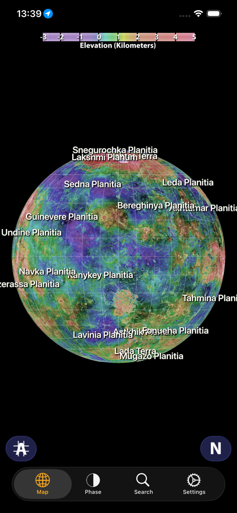 Venus Atlas - 天文学アプリで、様々な地質学的特徴と標高ラベルを示す金星の3D地形グローブ。