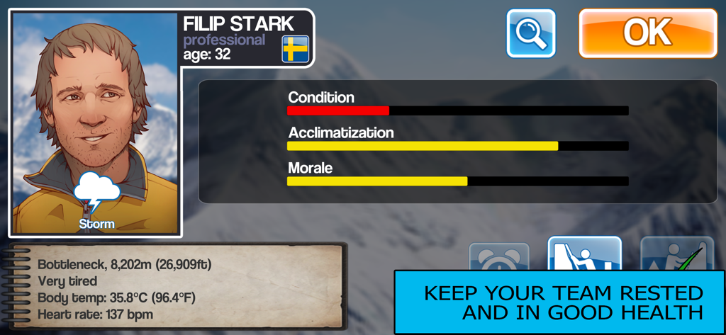 K2 Story - K2 Story game interface showing climber Filip Stark health and morale status bars