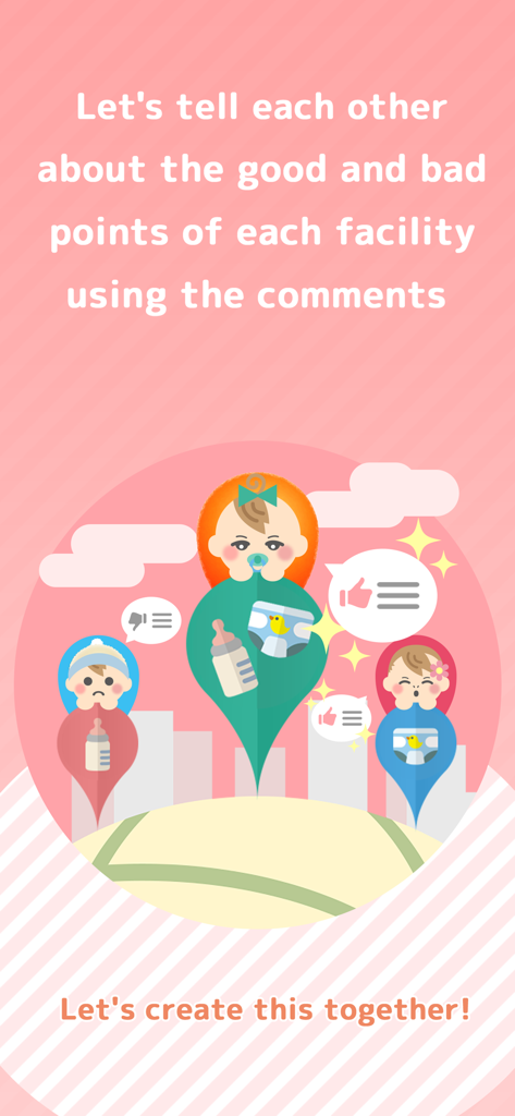 Ilustração mostrando pais compartilhando avaliações e comentários sobre instalações para bebês dentro do aplicativo Mama Map