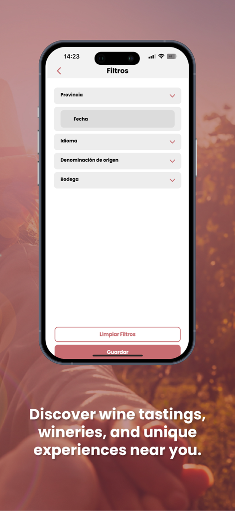 Pantalla de smartphone que muestra filtros de búsqueda para catas de vino y bodegas en la aplicación ENOLOVERS