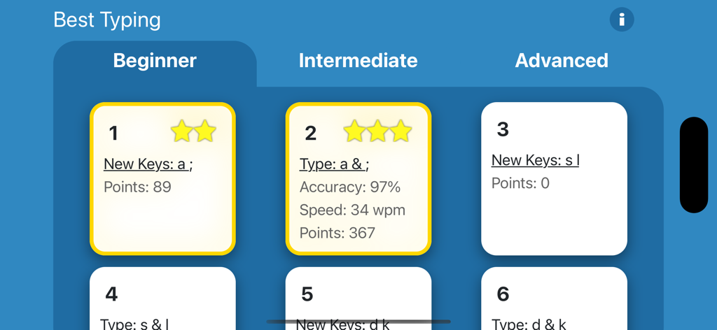 Beginner typing lesson selection screen showing progress stars and typing speed statistics