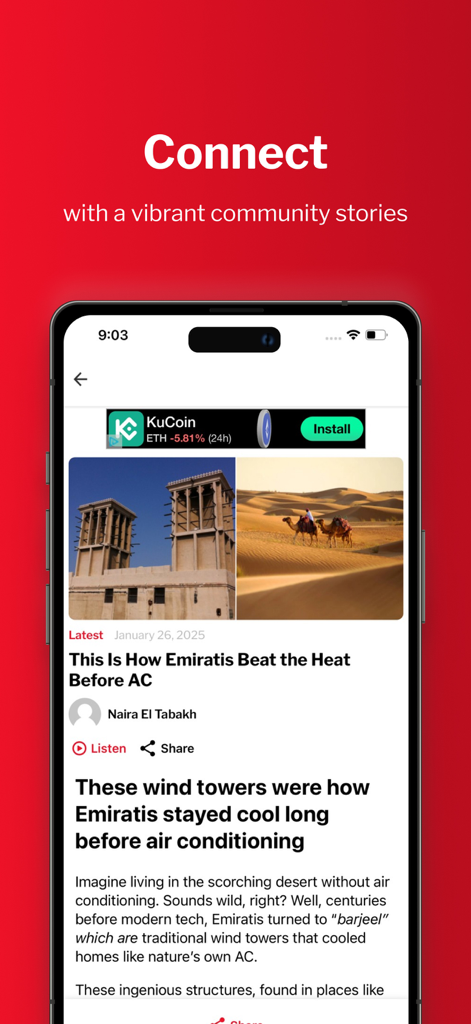 Lovin. - Lovin app screen showing a cultural article about Emirati wind towers and desert life with the headline Connect with vibrant community stories