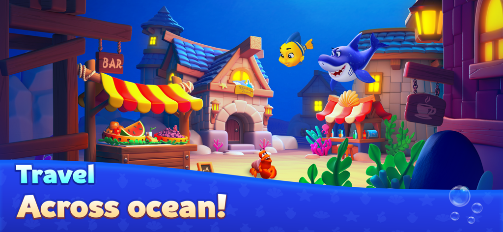 Domino Ocean : Solitaire Tiles - Vibrante pueblo submarino con adorables personajes de animales marinos y puestos de mercado