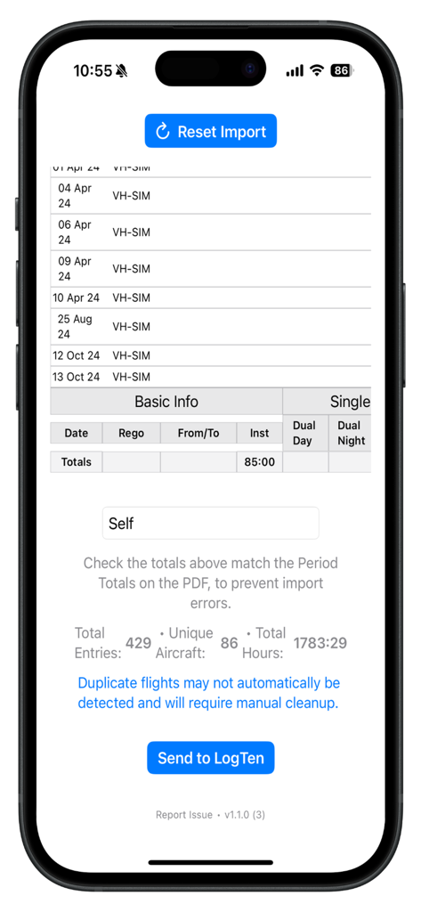 Interface de l'application webCISLog montrant un résumé des entrées de vol importées et un bouton pour envoyer les données à LogTen.