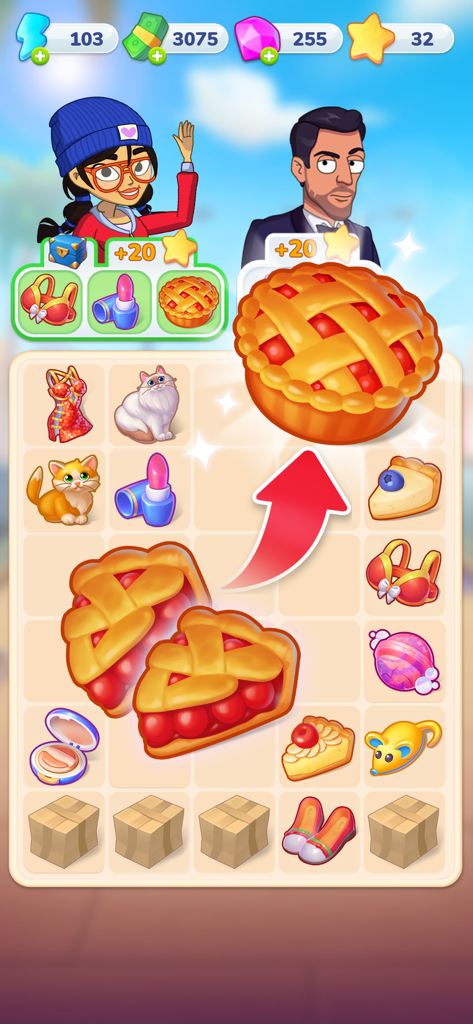 Jess' Stories - Life Adventure - A screenshot showing a merge puzzle grid with a pie being created in the game Jess Stories