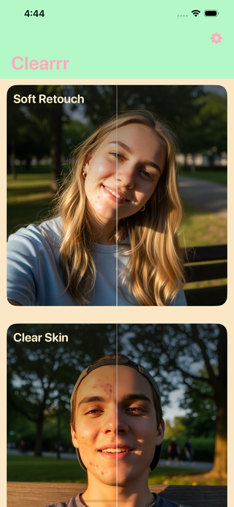 Blemish Remover: Clearrr - Comparación de antes y después de las funciones de retoque suave y piel clara en la aplicación Clearrr, mostrando suavizado de piel en una mujer y un hombre.