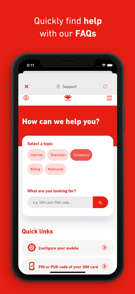 MyScarlet - Pantalla de soporte de la aplicación MyScarlet con temas de preguntas frecuentes, barra de búsqueda y enlaces rápidos para la configuración móvil y códigos de tarjeta SIM