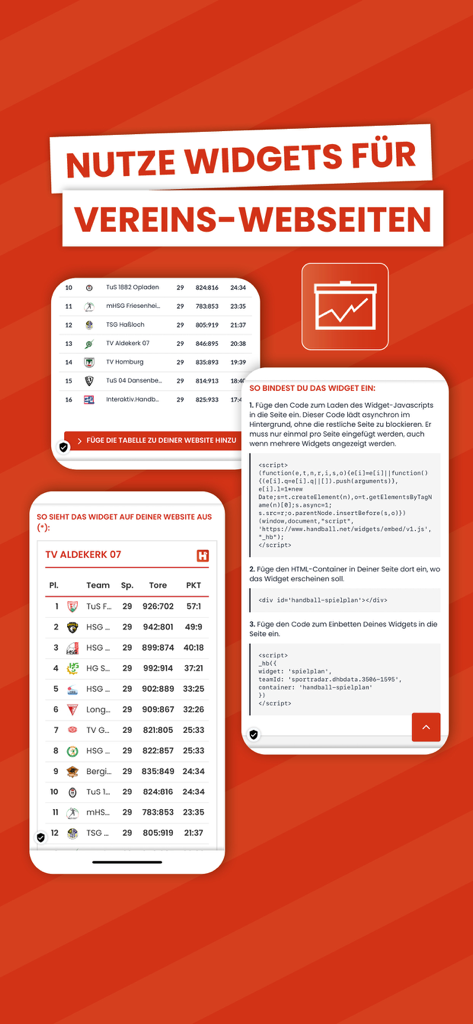 Handball.net - Handball.net app screen showing how to integrate club website widgets with code snippets and league tables