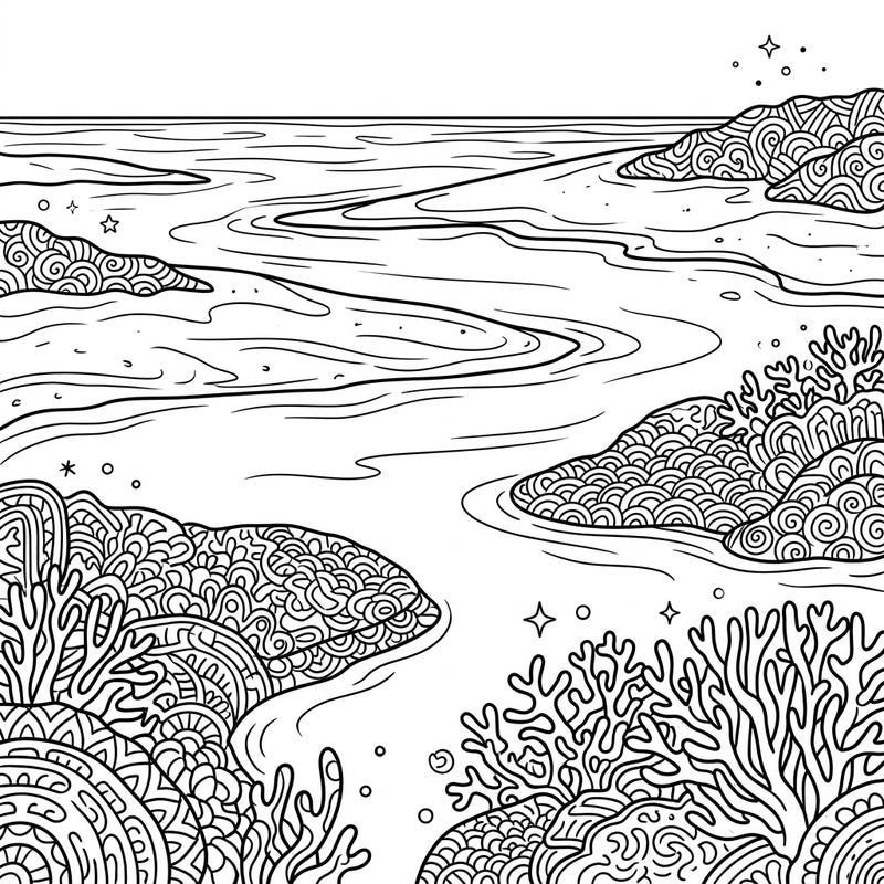 Immerse yourself in the serene beauty of a Zentangle-styled lagoon beach. This intricate coloring page features calm waters, sandbars, and vibrant coral, all adorned with captivating patterns.