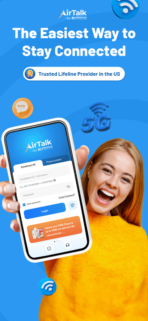 AirTalk Wireless - Écran de connexion de l'application AirTalk Wireless avec une promotion pour un téléphone gratuit et un forfait de données mensuel.