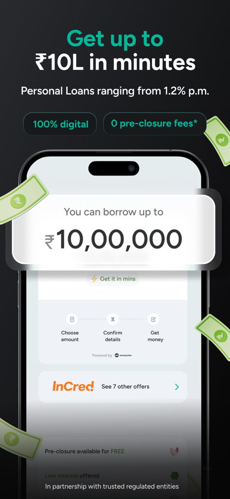 Fi Money app interface showing an instant personal loan offer of 10 lakh rupees with a digital process